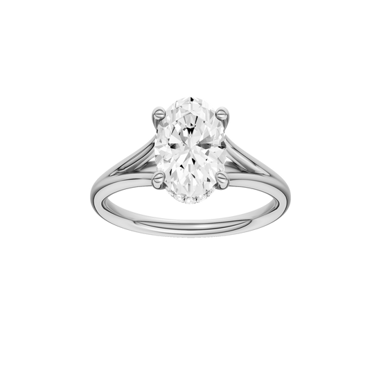 A front view of the Oval cut diamond engagement ring in 14k white gold with a plain band and hidden halo setting