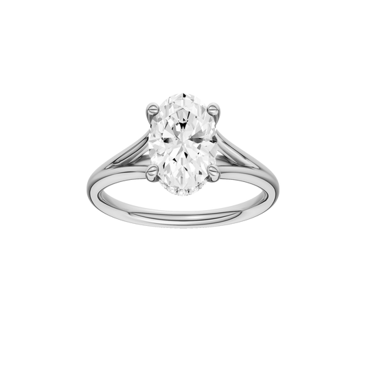 A front view of the Oval cut diamond engagement ring in 14k white gold with a plain band and hidden halo setting