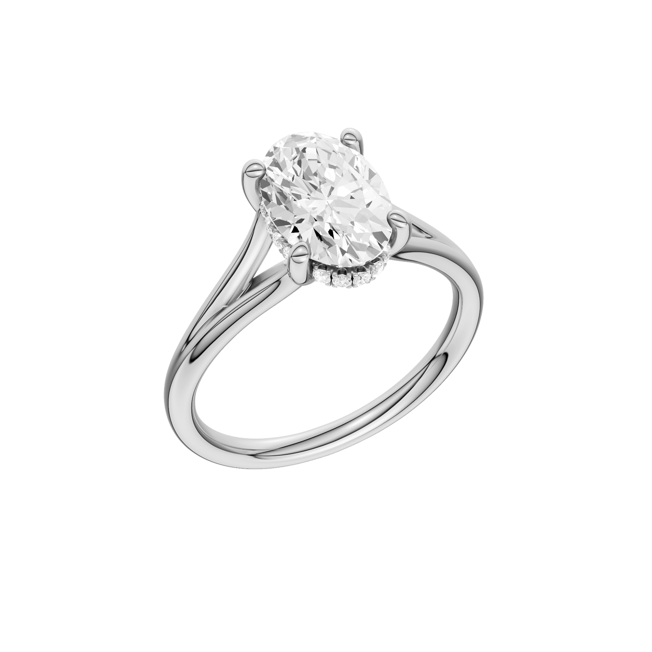 A three-quarter view of the Oval cut diamond engagement ring in 14k white gold with a plain band and hidden halo setting
