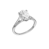 A three-quarter view of the Oval cut diamond engagement ring in platinum with a plain band and hidden halo setting