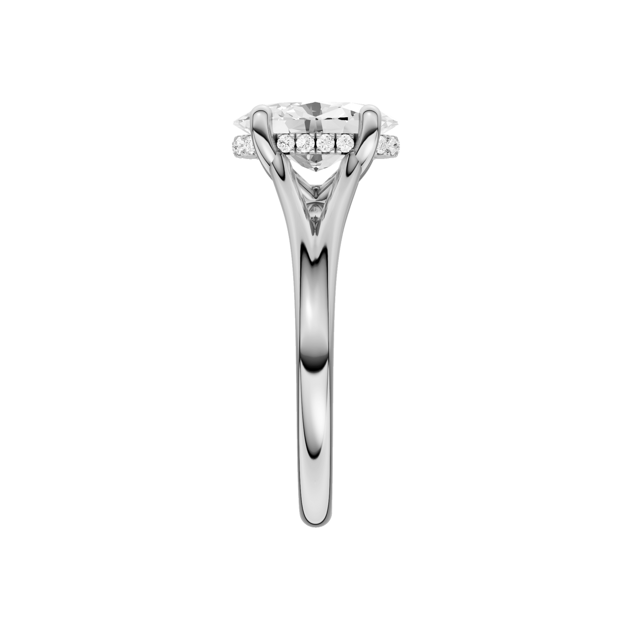 A side view of the Oval cut diamond engagement ring in platinum with a plain band and hidden halo setting