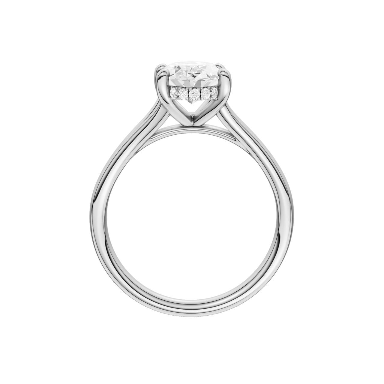 A profile view of the Oval cut diamond engagement ring in platinum with a plain band and hidden halo setting