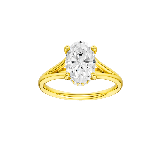 A front view of the Oval cut diamond engagement ring in 14k yellow gold with a plain band and hidden halo setting