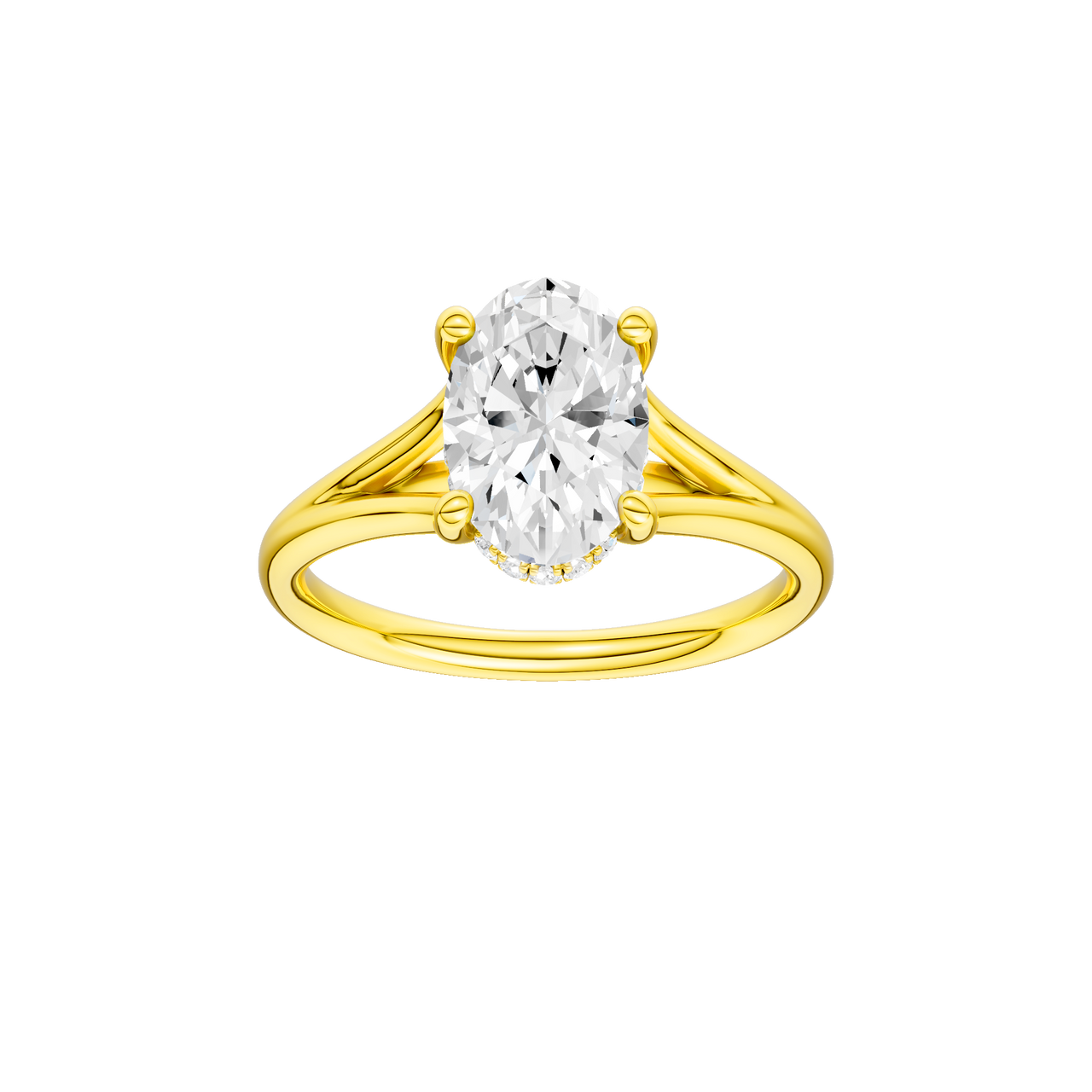 A front view of the Oval cut diamond engagement ring in 14k yellow gold with a plain band and hidden halo setting