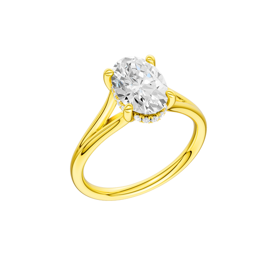 A three-quarter view of the Oval cut diamond engagement ring in 14k yellow gold with a plain band and hidden halo setting