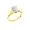 A three-quarter view of the Oval cut diamond engagement ring in 14k yellow gold with a plain band and hidden halo setting