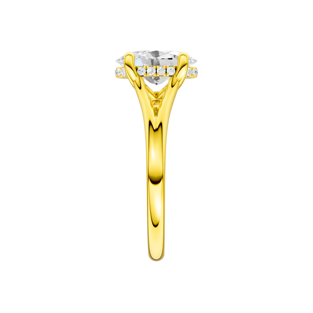 A side view of the Oval cut diamond engagement ring in 14k yellow gold with a plain band and hidden halo setting