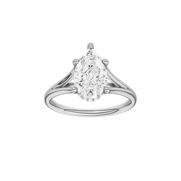 A front view of the Pear cut diamond engagement ring in 14k white gold with a plain band and cathedral setting
