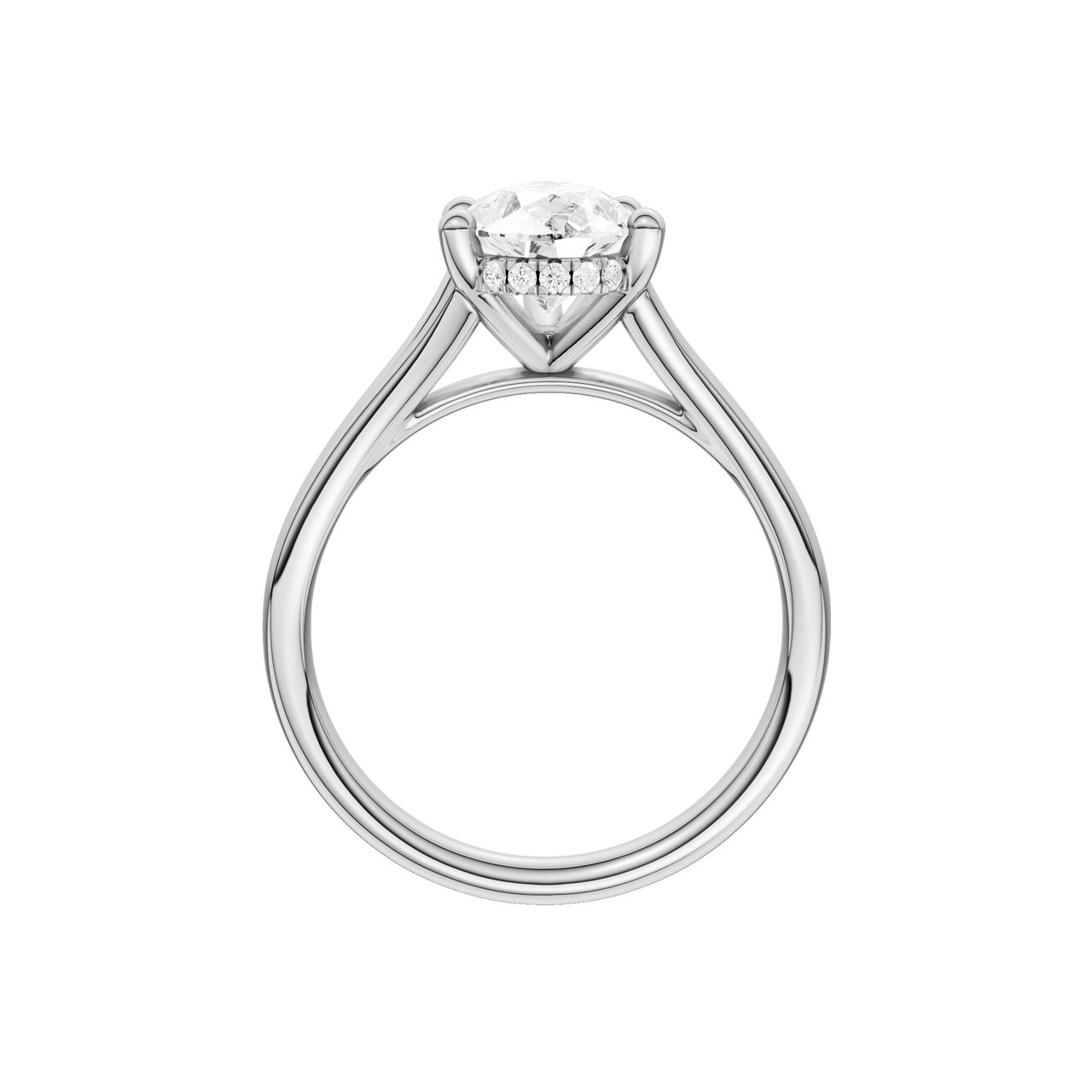 A profile view of the Pear cut diamond engagement ring in platinum with a plain band and cathedral setting