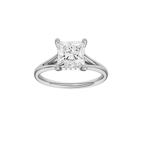 A front view of the Princess cut diamond engagement ring in 14k white gold with a plain band and hidden halo setting