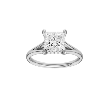 A front view of the Princess cut diamond engagement ring in 14k white gold with a plain band and hidden halo setting