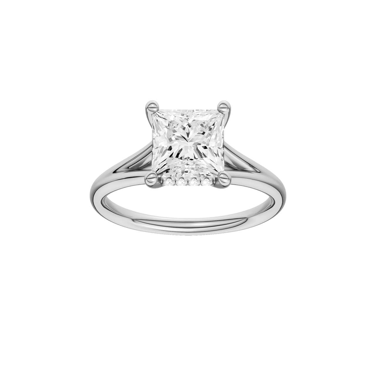 A front view of the Princess cut diamond engagement ring in platinum with a plain band and hidden halo setting