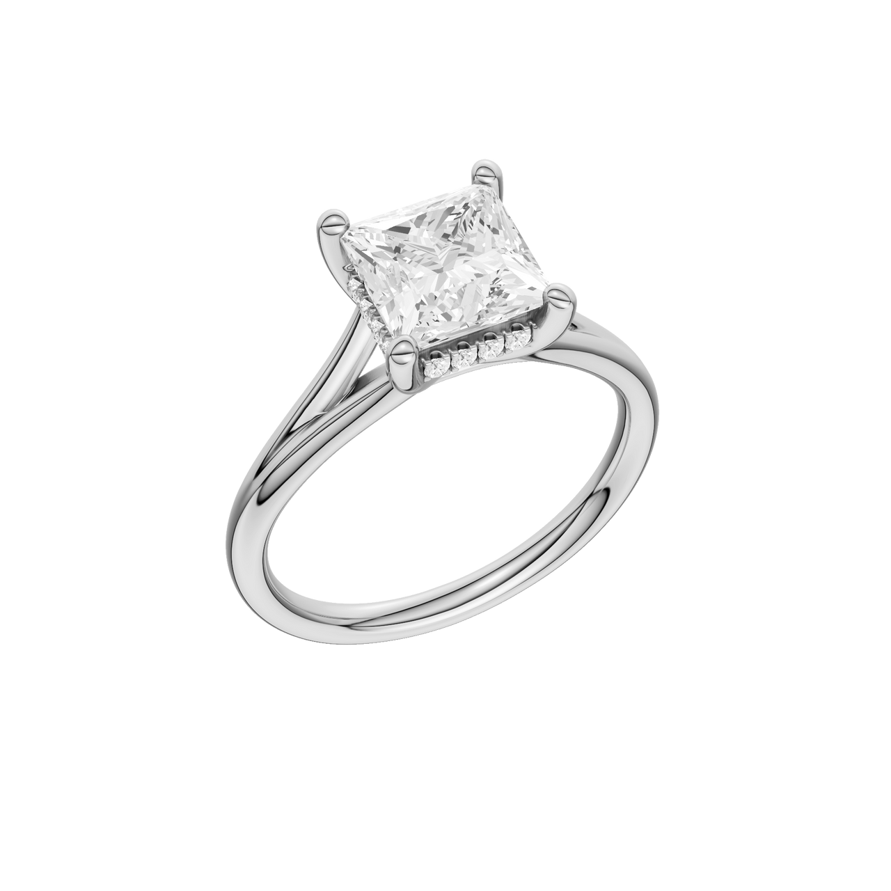A three-quarter view of the Princess cut diamond engagement ring in platinum with a plain band and hidden halo setting