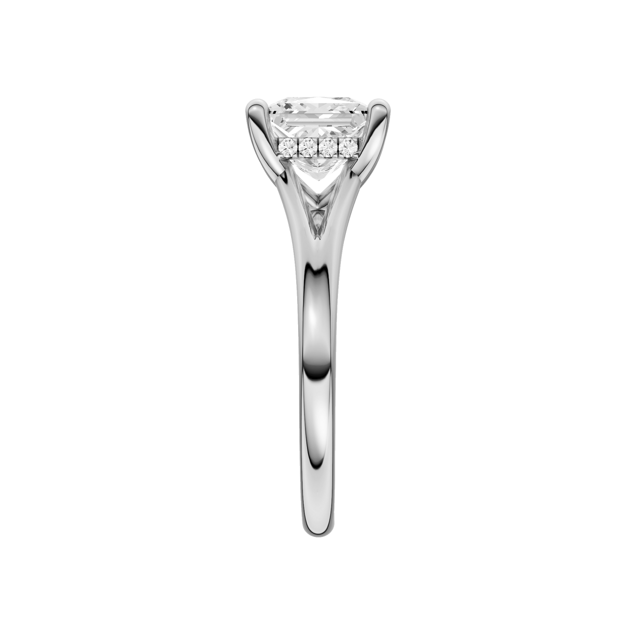 A side view of the Princess cut diamond engagement ring in 14k white gold with a plain band and hidden halo setting