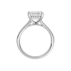 A profile view of the Princess cut diamond engagement ring in platinum with a plain band and hidden halo setting