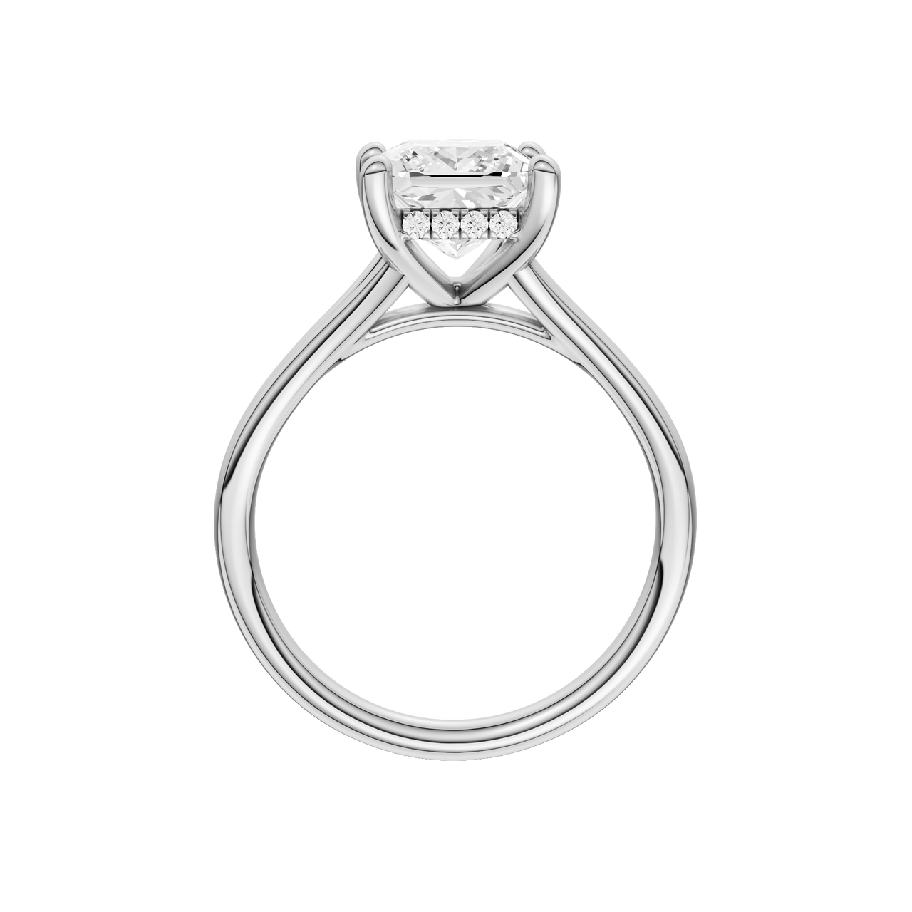 A profile view of the Princess cut diamond engagement ring in platinum with a plain band and hidden halo setting