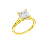 A three-quarter view of the Princess cut diamond engagement ring in 14k yellow gold with a plain band and hidden halo setting