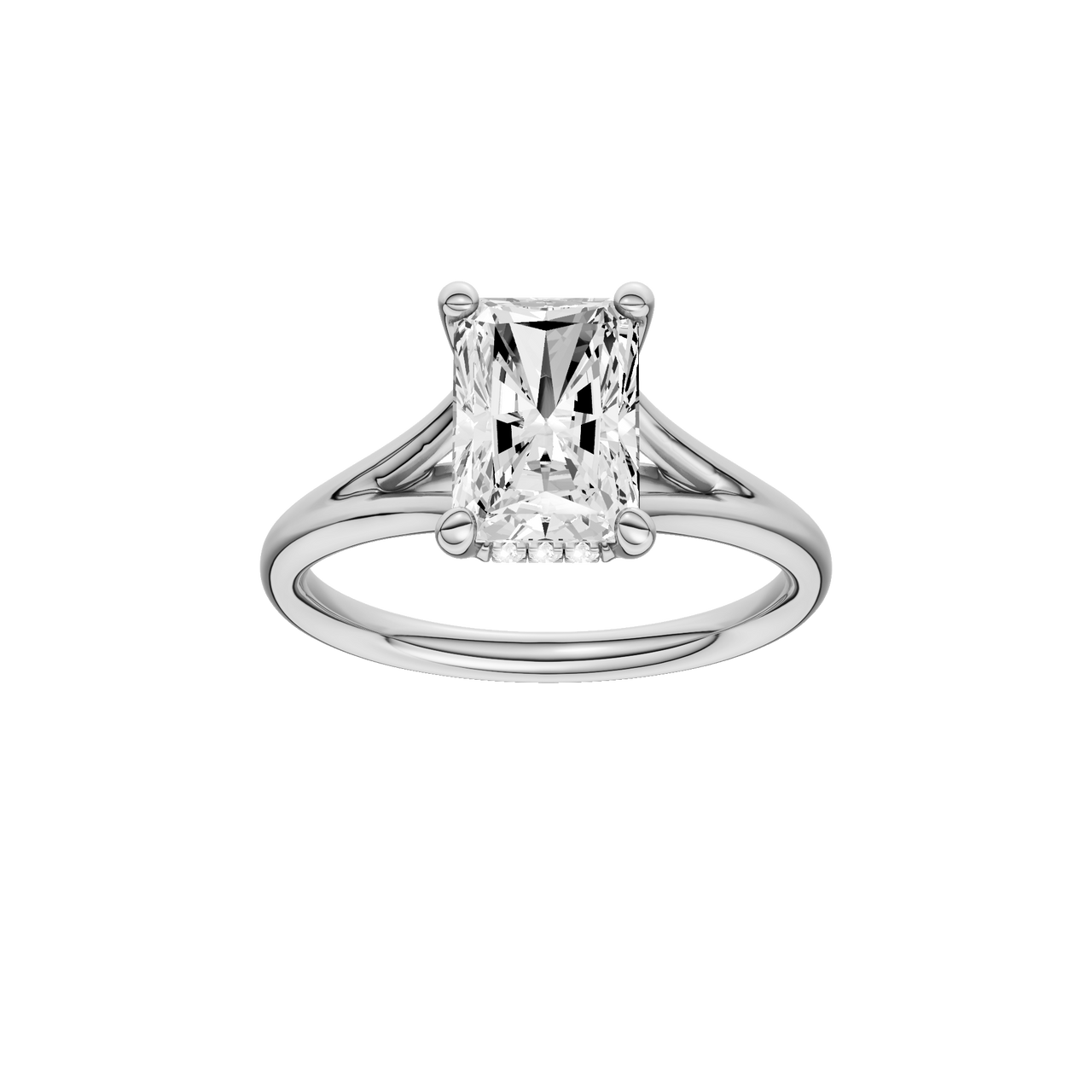 A front view of the Radiant cut diamond engagement ring in platinum with a plain band and hidden halo setting