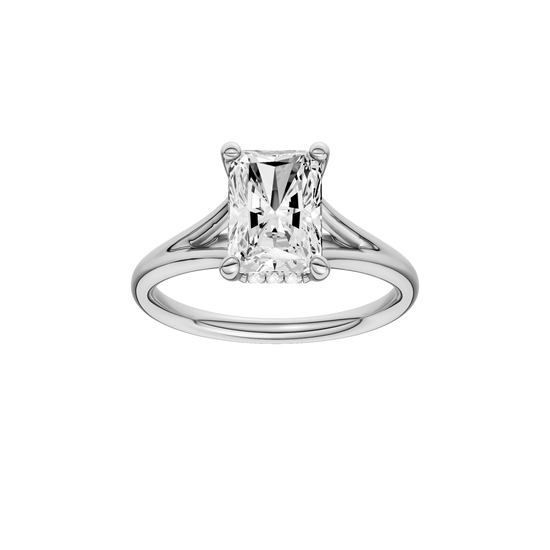 A front view of the Radiant cut diamond engagement ring in 14k white gold with a plain band and hidden halo setting