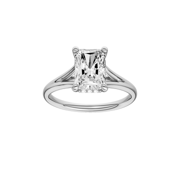 A front view of the Radiant cut diamond engagement ring in 14k white gold with a plain band and hidden halo setting