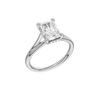 A three-quarter view of the Radiant cut diamond engagement ring in 14k white gold with a plain band and hidden halo setting