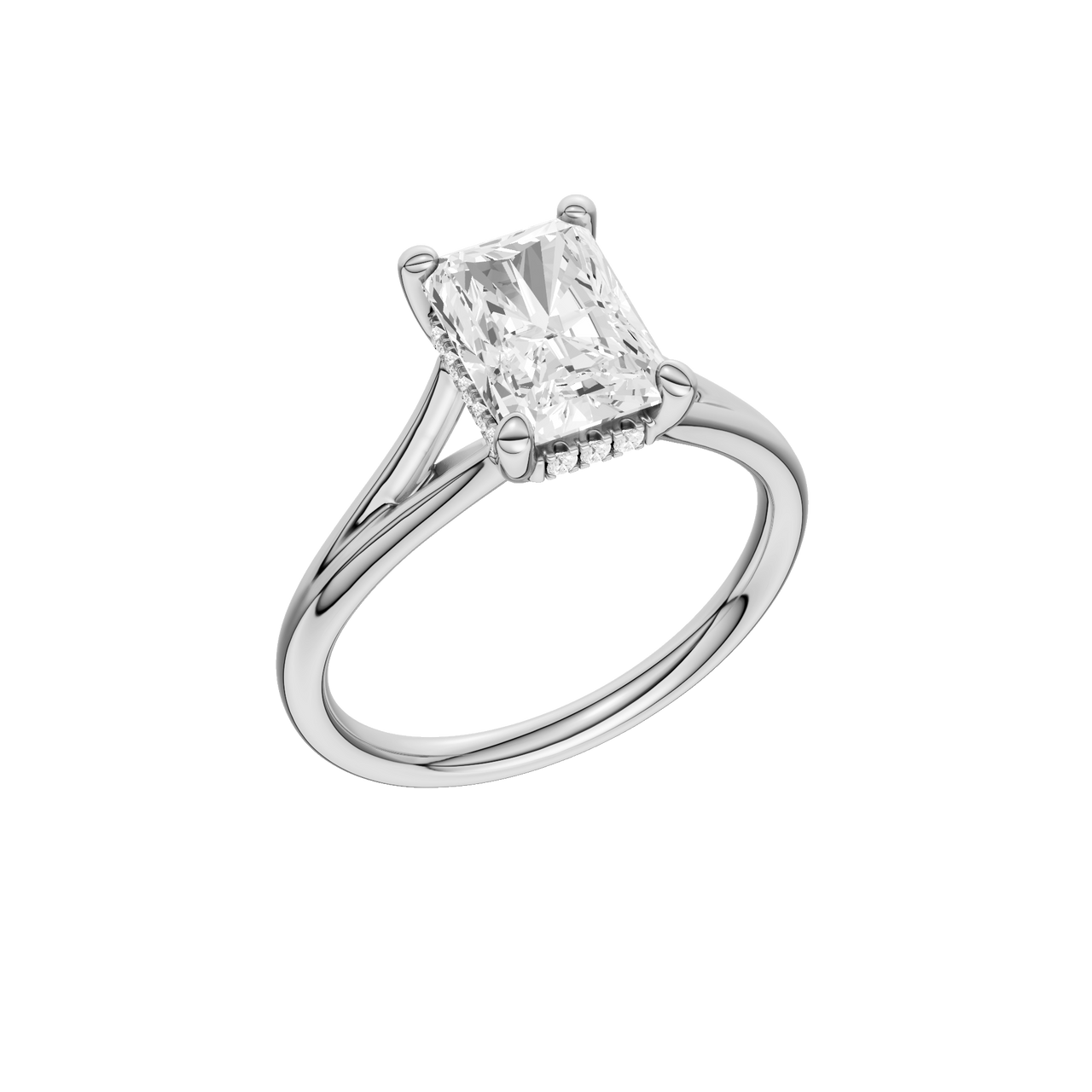 A three-quarter view of the Radiant cut diamond engagement ring in 14k white gold with a plain band and hidden halo setting