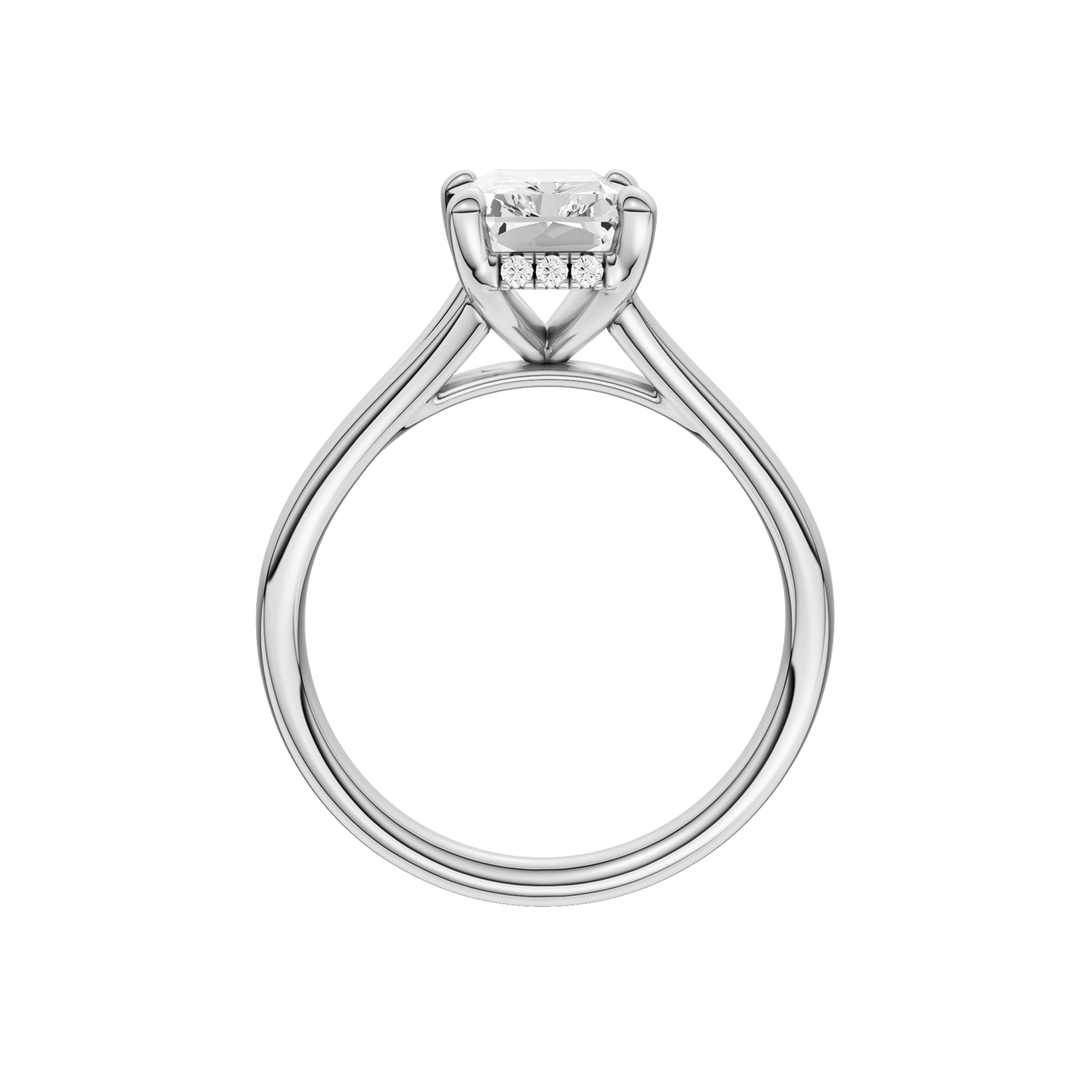 A profile view of the Radiant cut diamond engagement ring in 14k white gold with a plain band and hidden halo setting