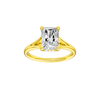 A front view of the Radiant cut diamond engagement ring in 14k yellow gold with a plain band and hidden halo setting