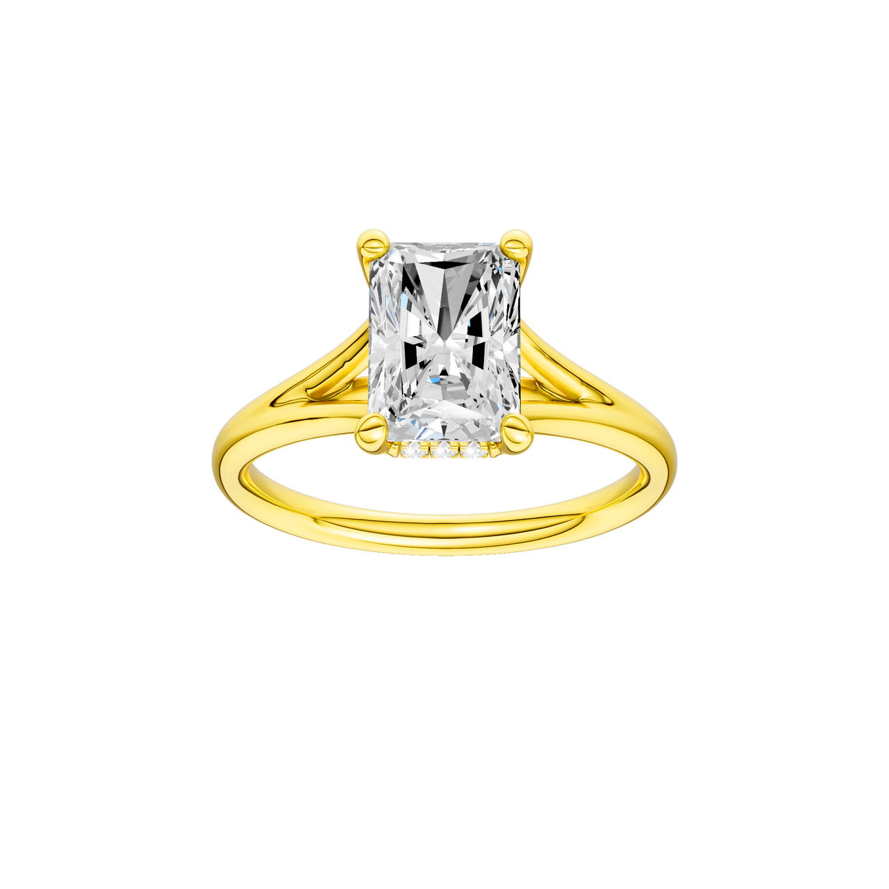 A front view of the Radiant cut diamond engagement ring in 14k yellow gold with a plain band and hidden halo setting