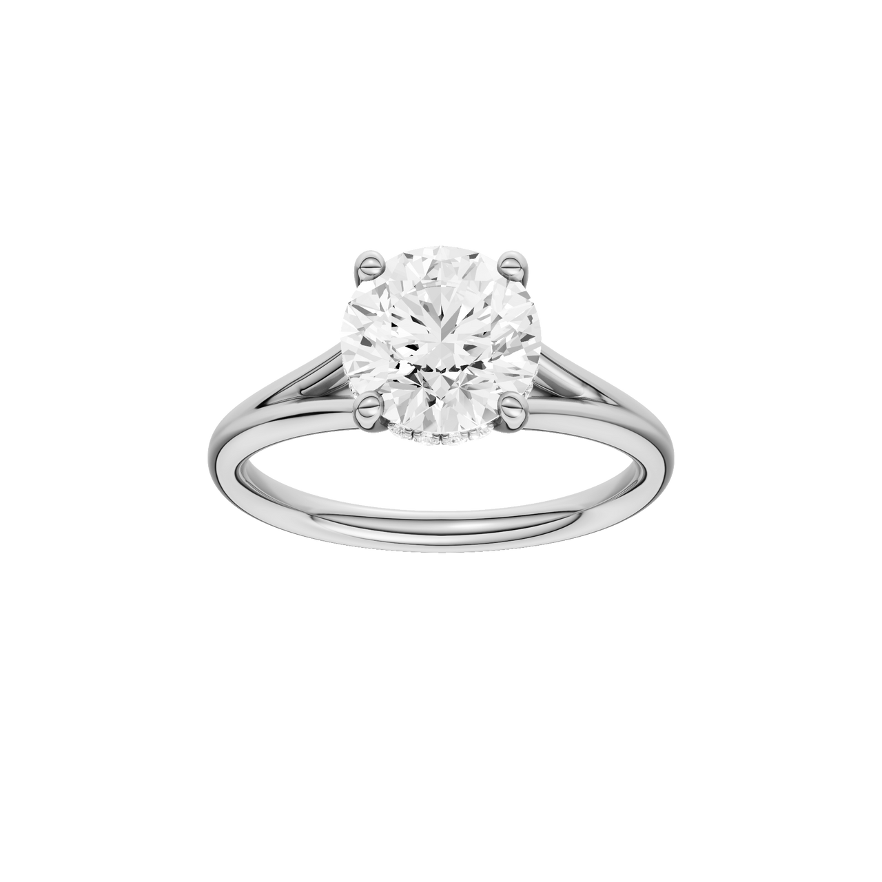 A front view of the Round cut diamond engagement ring in platinum with a plain band and hidden halo setting