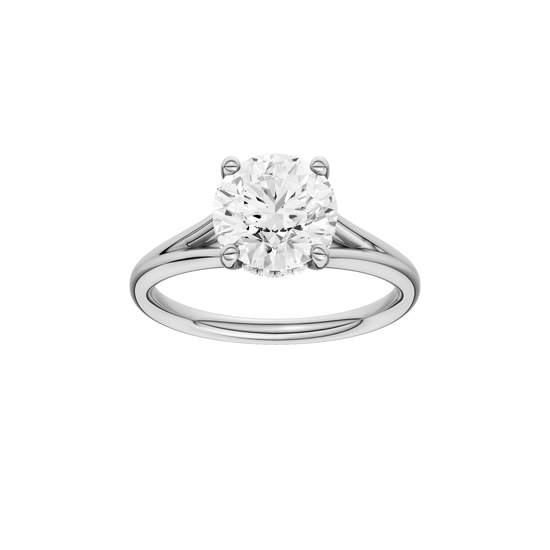 A front view of the Round cut diamond engagement ring in 14k white gold with a plain band and hidden halo setting