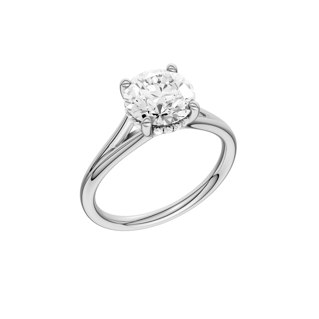 A three-quarter view of the Round cut diamond engagement ring in platinum with a plain band and hidden halo setting
