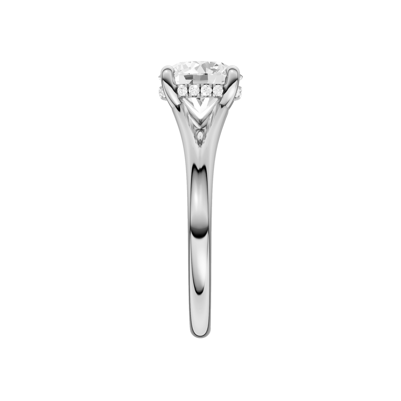 A side view of the Round cut diamond engagement ring in 14k white gold with a plain band and hidden halo setting