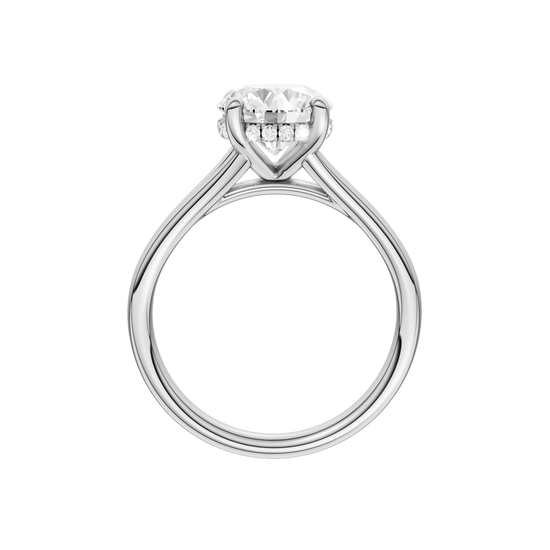 A profile view of the Round cut diamond engagement ring in platinum with a plain band and hidden halo setting
