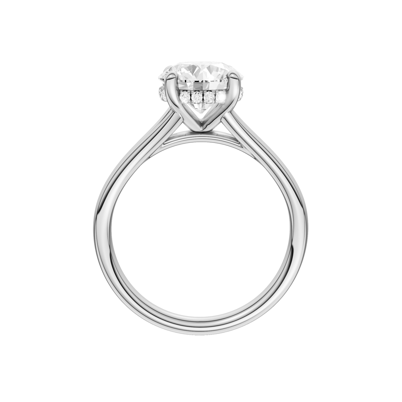 A profile view of the Round cut diamond engagement ring in platinum with a plain band and hidden halo setting