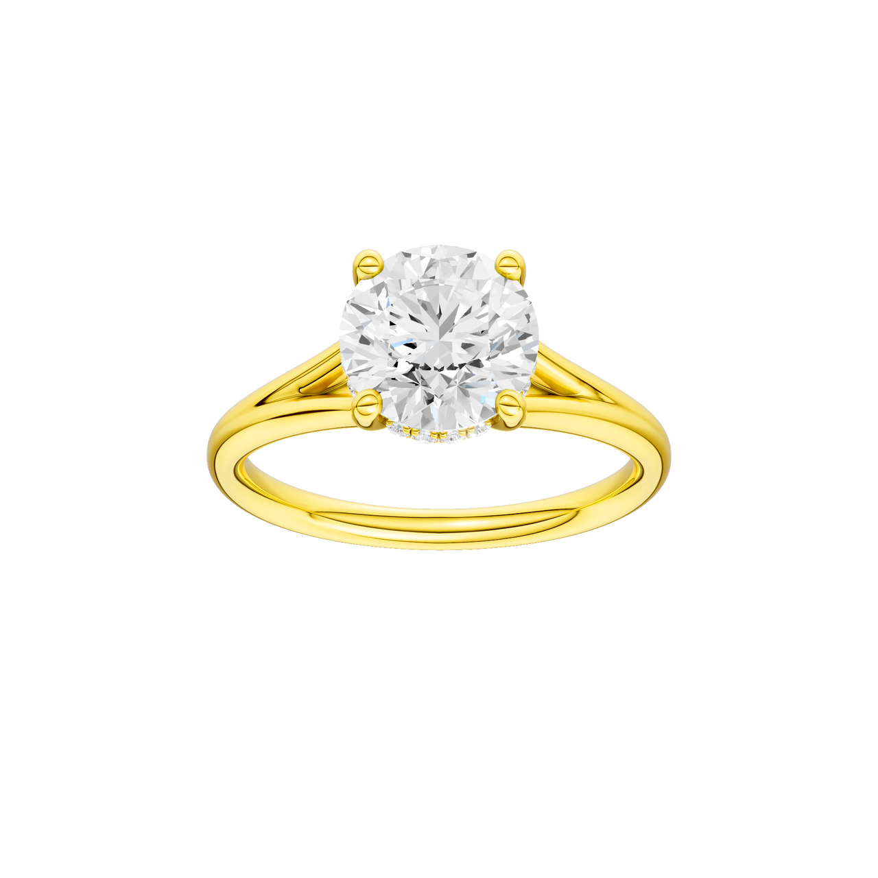 A front view of the Round cut diamond engagement ring in 14k yellow gold with a plain band and hidden halo setting