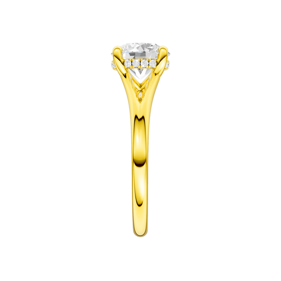 A side view of the Round cut diamond engagement ring in 14k yellow gold with a plain band and hidden halo setting