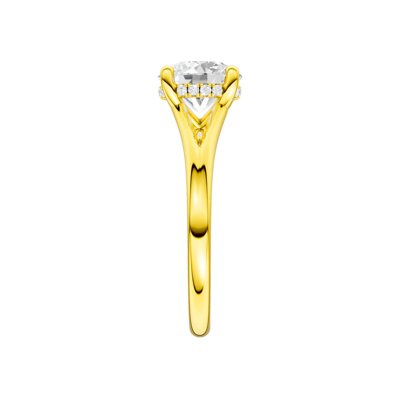 A side view of the Round cut diamond engagement ring in 14k yellow gold with a plain band and hidden halo setting