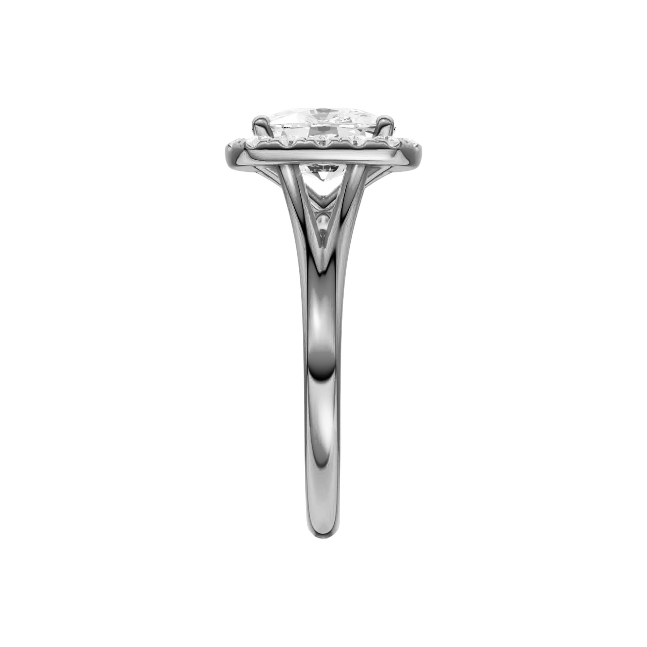 A side view of the Elongated Cushion cut diamond engagement ring in platinum with a plain band and solitaire setting