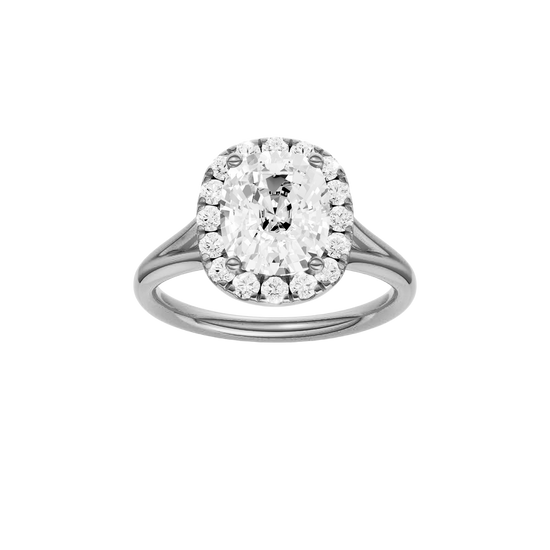 A front view of the Elongated Cushion cut diamond engagement ring in 14k white gold with a plain band and solitaire setting