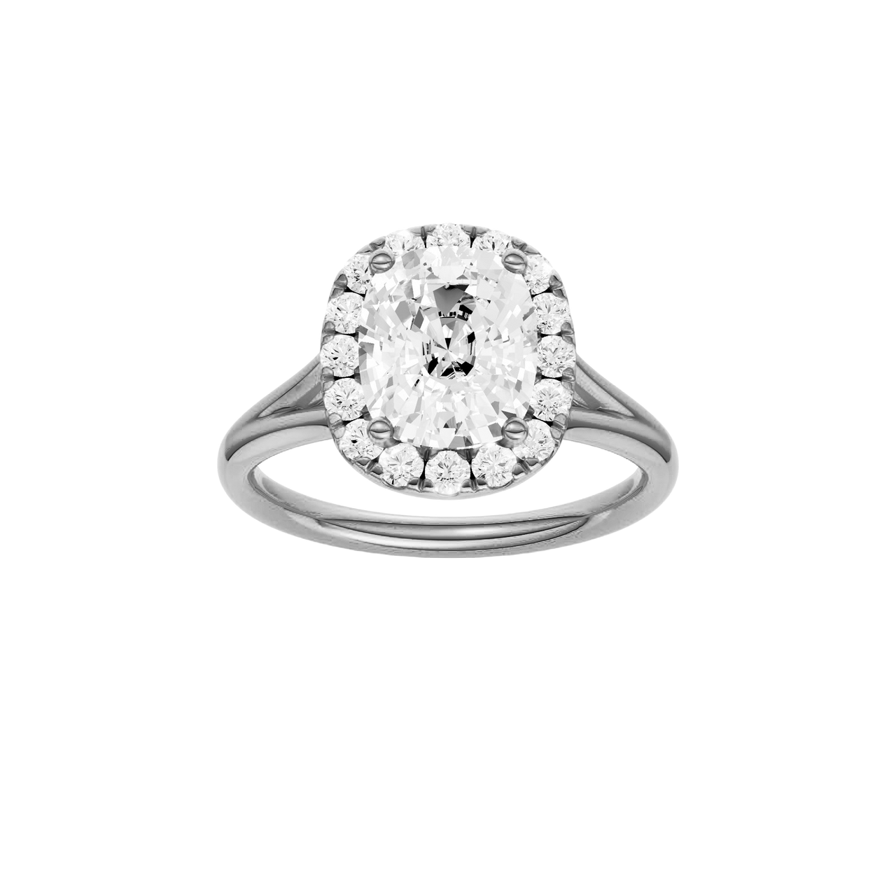 A front view of the Elongated Cushion cut diamond engagement ring in 14k white gold with a plain band and solitaire setting
