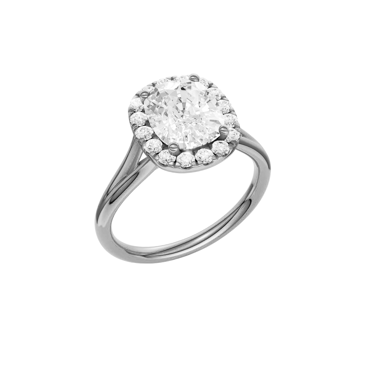 A three-quarter view of the Elongated Cushion cut diamond engagement ring in 14k white gold with a plain band and solitaire setting