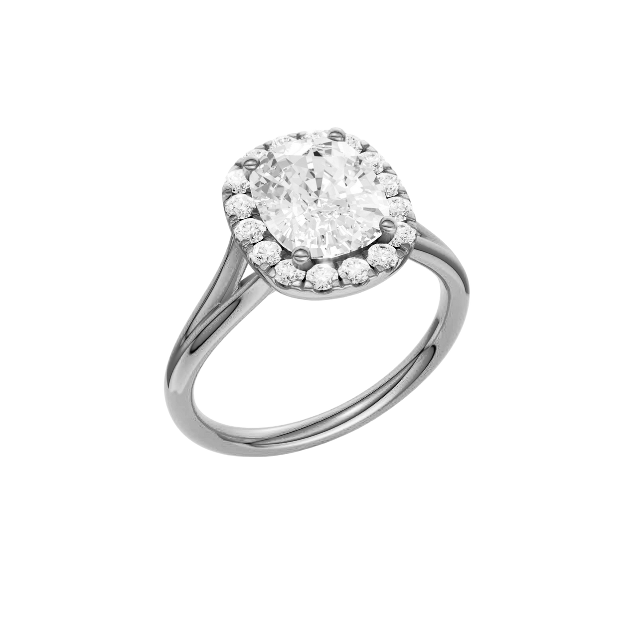 A three-quarter view of the Elongated Cushion cut diamond engagement ring in platinum with a plain band and solitaire setting