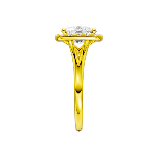 A side view of the Elongated Cushion cut diamond engagement ring in 14k yellow gold with a plain band and solitaire setting