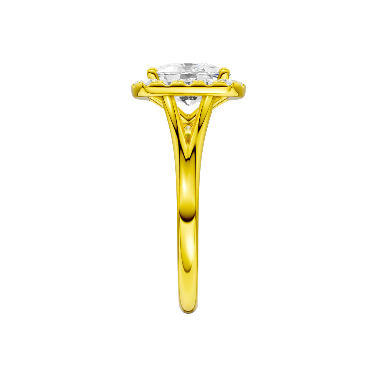 A side view of the Elongated Cushion cut diamond engagement ring in 14k yellow gold with a plain band and solitaire setting