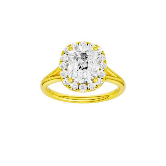 A front view of the Elongated Cushion cut diamond engagement ring in 14k yellow gold with a plain band and solitaire setting