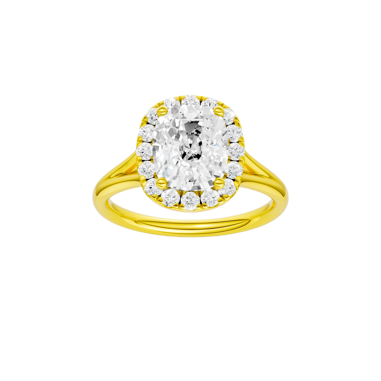 A front view of the Elongated Cushion cut diamond engagement ring in 14k yellow gold with a plain band and solitaire setting