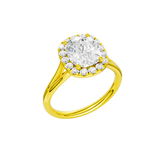A three-quarter view of the Elongated Cushion cut diamond engagement ring in 14k yellow gold with a plain band and solitaire setting