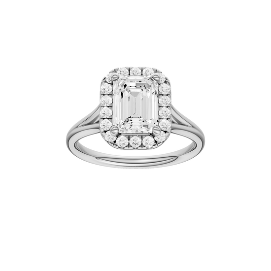 A front view of the Emerald cut diamond engagement ring in platinum with a plain band and halo setting