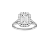 A front view of the Emerald cut diamond engagement ring in platinum with a plain band and halo setting